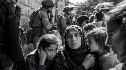 Fototapeta premium Poignant black and white image capturing the anxiety of a woman and child amid the presence of armed guards, reflecting unrest and fear.