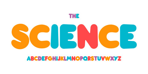 Kid Science educational font, STEM colorful alphabet for scientific headline, funny scientific game and lessons book typographic design. Modern vector typeset