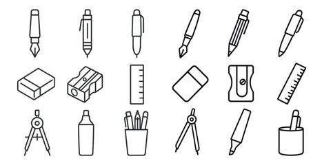 Obraz premium Set of pencils, pens, and other writing implements. The pencils are lined up in a row, with some of them being sharpened. The pens are scattered throughout the image