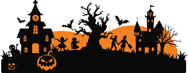 Spooky halloween silhouette with haunted houses bats and trick or treaters
