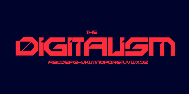 Futuristic techno logo font, angular sci-fi alphabet. Bold geometric typeface for digital headline, cyberpunk interface, robotic HUD, sport, gaming UI design, future tech branding. Vector typography