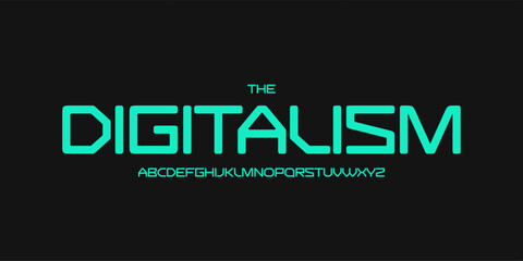 Futuristic techno logo font, robotic digital alphabet. Geometric typeface for scifi headline, cyber interface, modern tech display, innovation HUD design, future UI branding. Vector typography