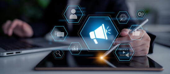 Digital marketing promotion strategy using megaphone, social media marketing, digital ads video...