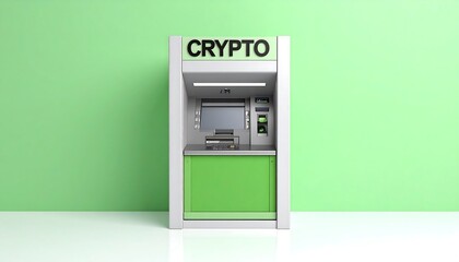 Green crypto ATM against mint backdrop