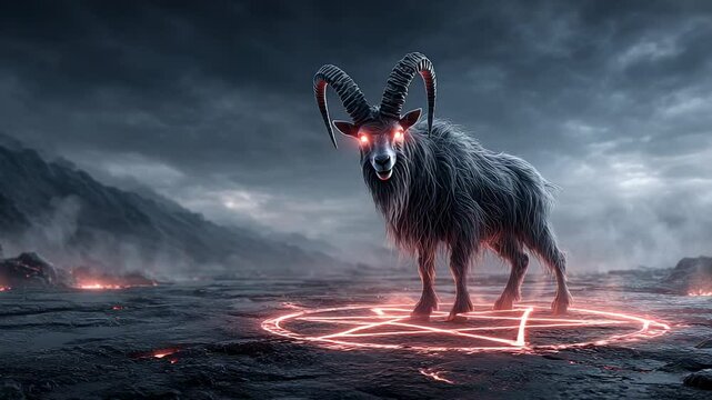 Dark goat stands on a fiery pentagram in a dramatic landscape