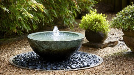 Garden feature with a small bubbling fountain set in decorative gravel