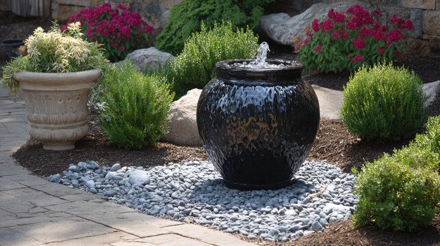 Garden feature with a small bubbling fountain set in decorative gravel