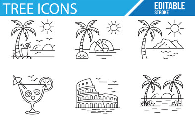 Fototapeta premium Tropical Beach Scenery with Palm Trees, Sun, and Relaxing Elements, Including a Glass of Cocktail and Landmark Structures