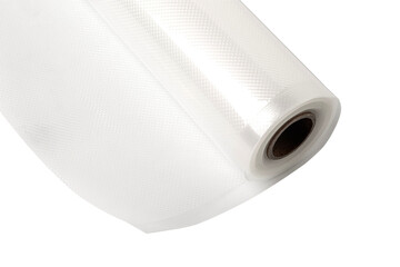 Roll of vacuum sealer bags embossed for food preservation on white background