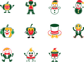 Cartoonish food characters show festive smiles and cheerful holiday celebration across white background scene