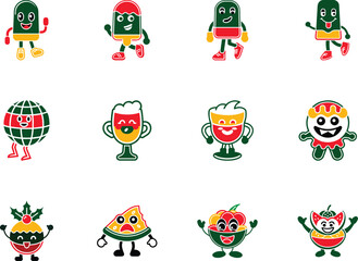 Cartoon fruit and dessert characters joyfully stand on a white background, each displaying unique features