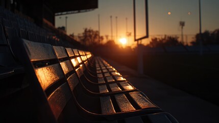 Sunrise casting a warm glow on empty stadium chairs and reflecting off goalposts