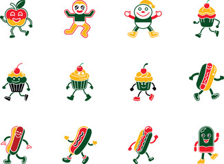Smiling food cartoon characters walk and dance on a white background, isolated and fun
