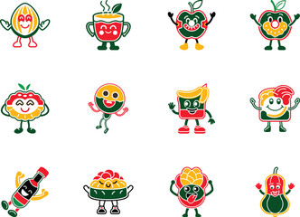 Naklejka premium Collection of colorful food item characters with cartoonish expressions stand on a white transparent background