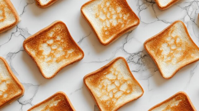 Abstract flat lay of toasted bread forming geometric pattern on white background