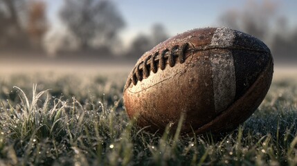 A worn rugby ball resting on a grass field with visible white field lines and morning dew