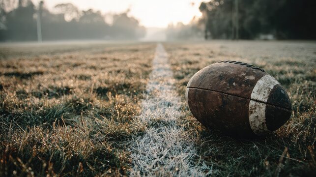 A worn rugby ball resting on a grass field with visible white field lines and morning dew