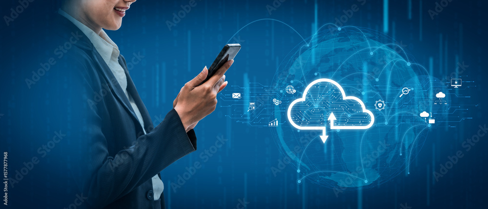 Poster cloud computing enables digital growth with secure data storage, scalable infrastructure, and strate