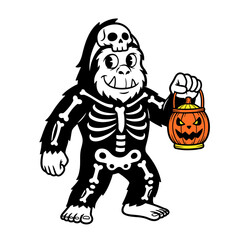cute bigfoot wearing a skeleton costume with a Halloween lantern Jack sketch