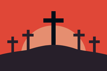 Five dark crosses silhouetted on a hill against a warm sunset sky