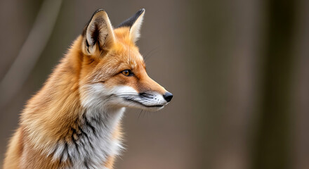 Fototapeta premium Captivating Close-Up of a Wild Fox: Exploring the Beauty and Detail of Nature's Red Predator in Profile.
