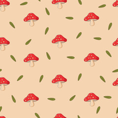 seamless pattern with autumn fly agaric mushrooms on a light background