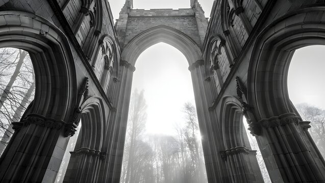 Explore gothic architecture ruins: black and white photography of ancient abbey arches