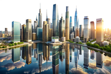 A vibrant cityscape skyline with towering skyscrapers reflected in the water isolated on transparent background