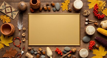 Indigenous Peoples’ Day Flat Lay with Blank Golden Center Surrounded by Corn, Pottery, Drums, Feathers, Beads, Stones, Leaves, Berries, Acorns and Woven Crafts – Heritage Celebration Mockup