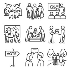 Neighborhood Engagement Icons. Line style icons of neighborhood engagement: block party icon, cleanup team, local board meeting,