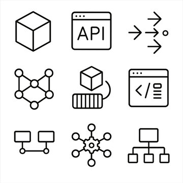 Microservices and API Icons. Line style icons of microservices and APIs: microservice cube, API registry, service discovery arrows