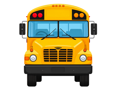 School bus front view, yellow vehicle vector, transparent background