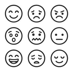 Emotion Icon Set. Line style icons of basic human emotions: happy face, sad face, angry face, surprised face, scared face, neutral