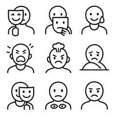 Hidden Emotion Icons. Line style icons of hidden emotions: fake smile mask, hiding behind neutral face, concealed tears, inner