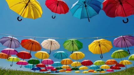 Colorful umbrellas suspended in the sky above a green field create a vibrant, cheerful outdoor scene.