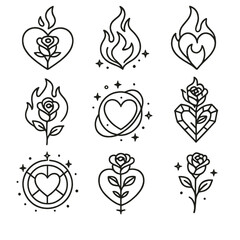 Fantasy Element Icons. Line style icons of fantasy elements: enchanted rose heart, magical flame swirl, elemental fire-heart