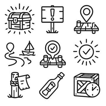Dock Quest Icons. Line style icons of dock quest elements: glowing quest crate, exclamation mark on post, map pin on dock, trail