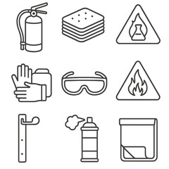 Fire and Chemical Safety Icons. Line style icons of fire and chemical safety items: fire extinguisher, absorbent pads, chemical