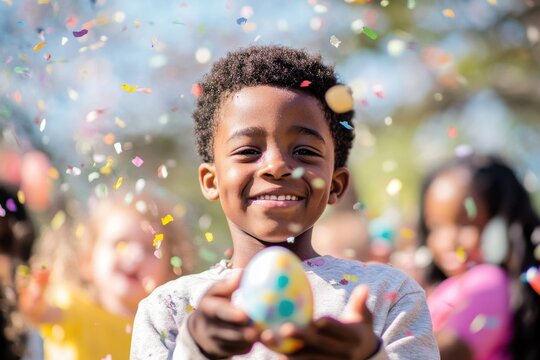 Joyful celebration with confetti as African American boy holds Easter egg in vibrant spring gathering, confetti over african american boy holding easter egg with children at easter egg hunt - Powered by Adobe