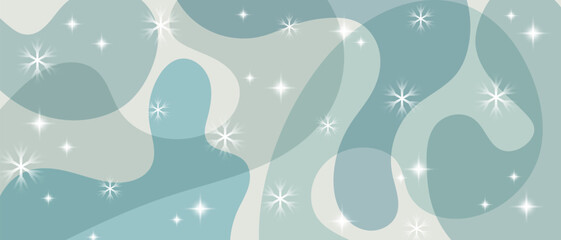 Winter abstract background with snowflakes and sparkling stars on translucent wavy shapes. Greeting card for cold season.