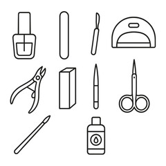 Nail Care Icons. Line style icons of nail care and manicure: nail polish bottle, nail file, cuticle pusher, UV nail lamp, nail