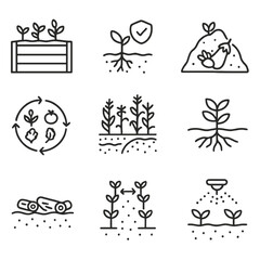 Pest-Resistant Gardening Icons. Line style icons of pest-resistant gardening practices: raised bed garden, healthy soil icon,