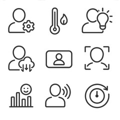 Occupant Personalization Icons. Line style icons of occupant personalization: user profile setting, temperature preference icon,
