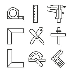 Fototapeta premium Measuring Tools Icons. Line style icons of measuring tools: tape measure, steel ruler, caliper, try square, bevel gauge, marking