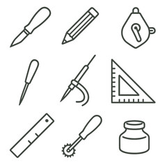 Obraz premium Woodworking Tool Icons. Line style icons of woodworking marking tools: marking knife, pencil, chalk line, scratch awl, scribe tool