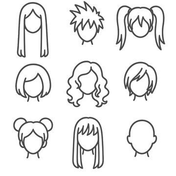 Cosplay Wig Icons. Line style icons of cosplay wig styles: long straight wig, spiky anime wig, twin tails wig, short bob cut,