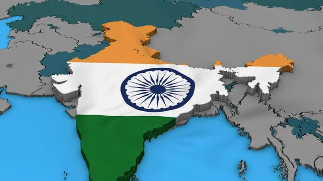 3D render of India's map overlaid with its flag colors and Ashoka Chakra, positioned over a world map.