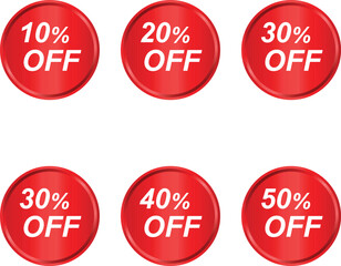 Colorful sale tag and discount label set – 10, 20, 30, 40, 50 percent clearance stickers on white background