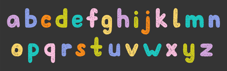Crayon alphabet doodle set. Chalk pencil font, school wax kid letters in sketch style. Hand drawn vector illustration isolated on black background.