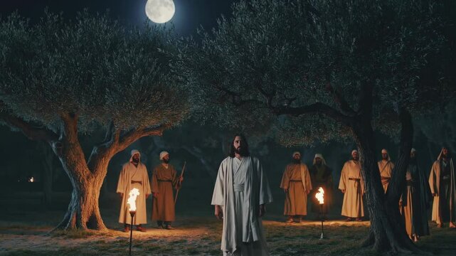 The arrest of Jesus by the Temple guards in the Garden of Gethsemane. Biblical scene